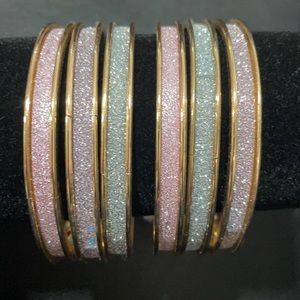 NWOT 6 BANGLES BRACELETS Costume Jewelry Pastel Goldtone/Glitter 9” long 3” diam